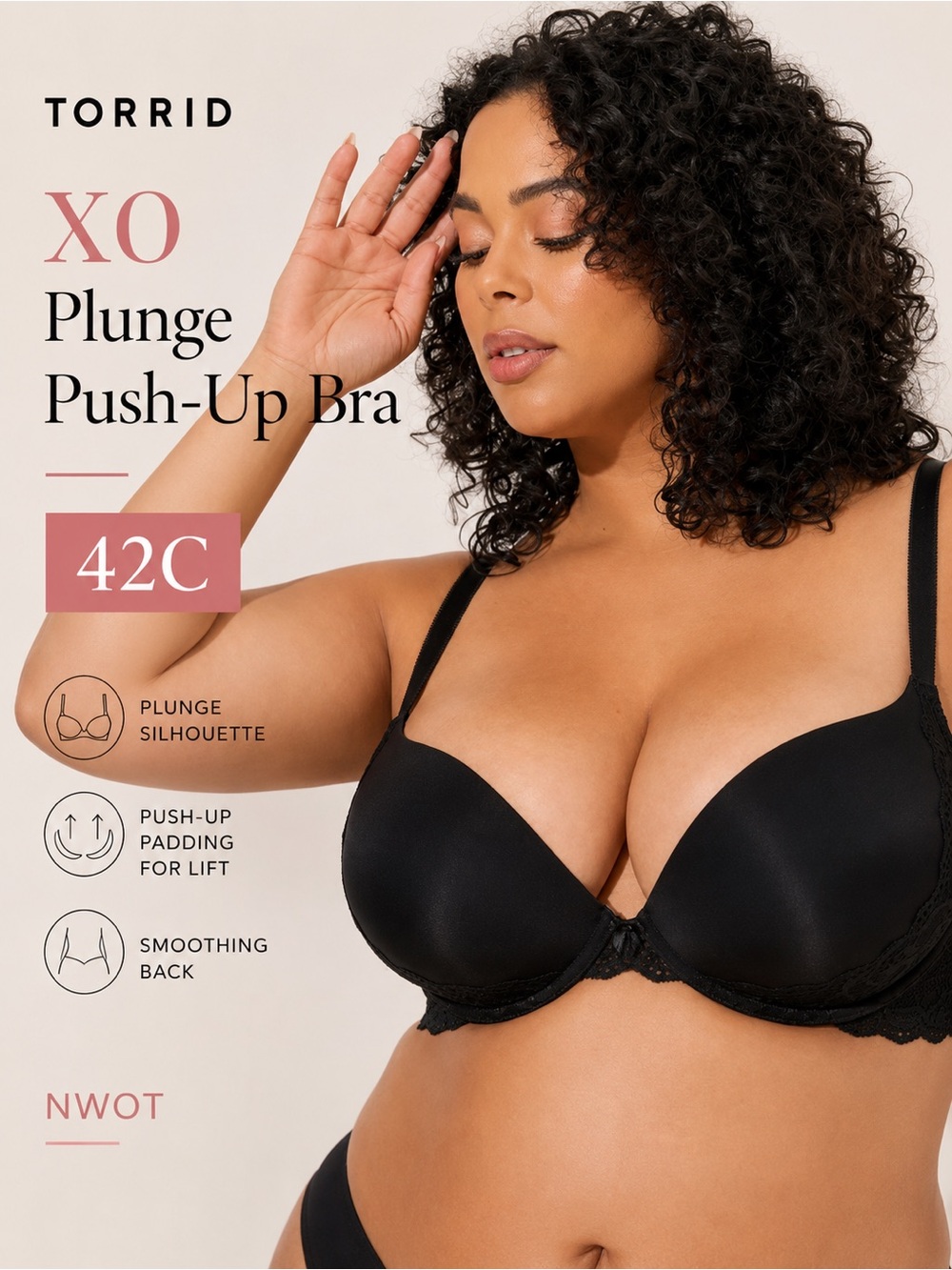 Torrid XO Black Plunge Push-Up Bra 42C NWOT